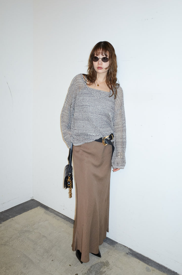 [予約/SET]メッシュ編みキャミセットVネックプルオーバー+リネンブレンドロングナロースカート(2set)