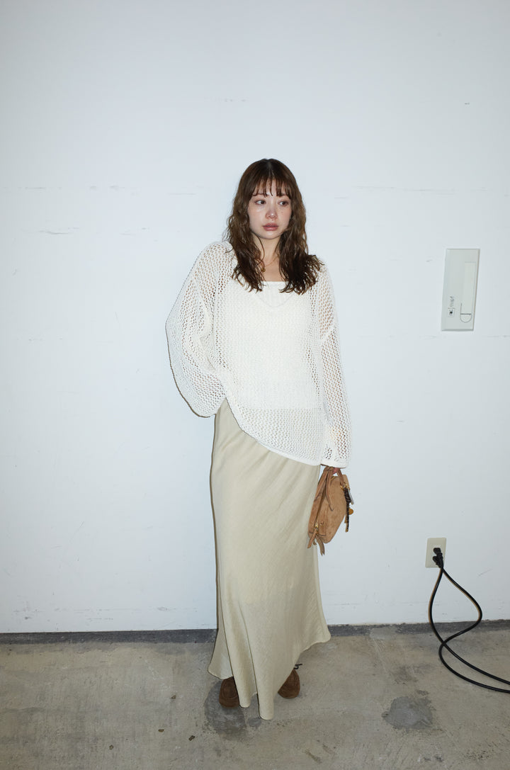 [予約/SET]メッシュ編みキャミセットVネックプルオーバー+リネンブレンドロングナロースカート(2set)