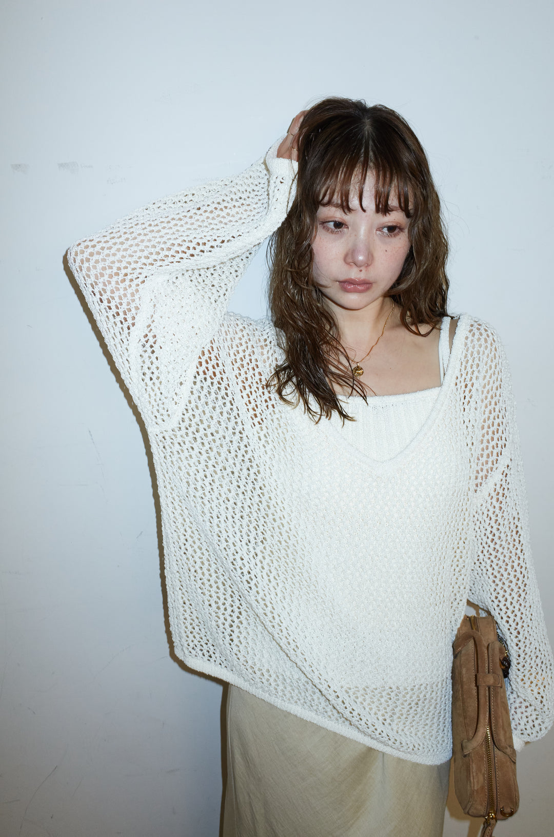 [予約]メッシュ編みキャミセットVネックプルオーバー