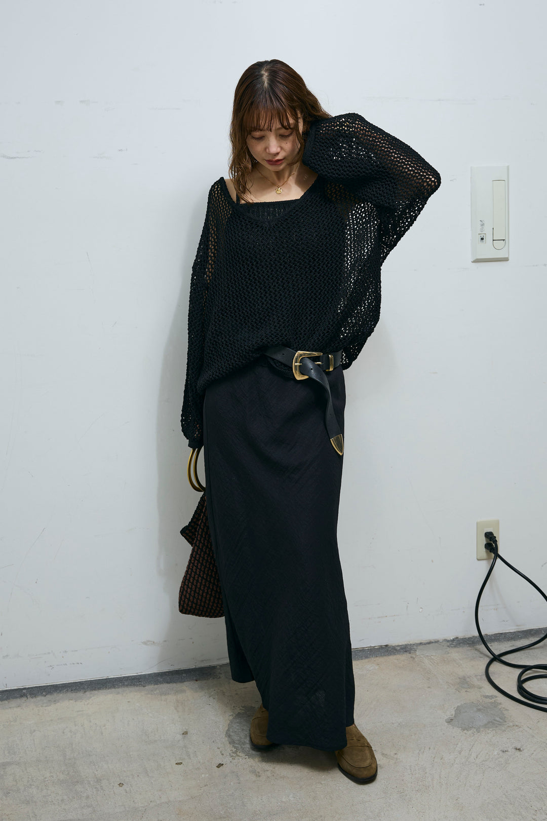 [予約/SET]メッシュ編みキャミセットVネックプルオーバー+リネンブレンドロングナロースカート(2set)