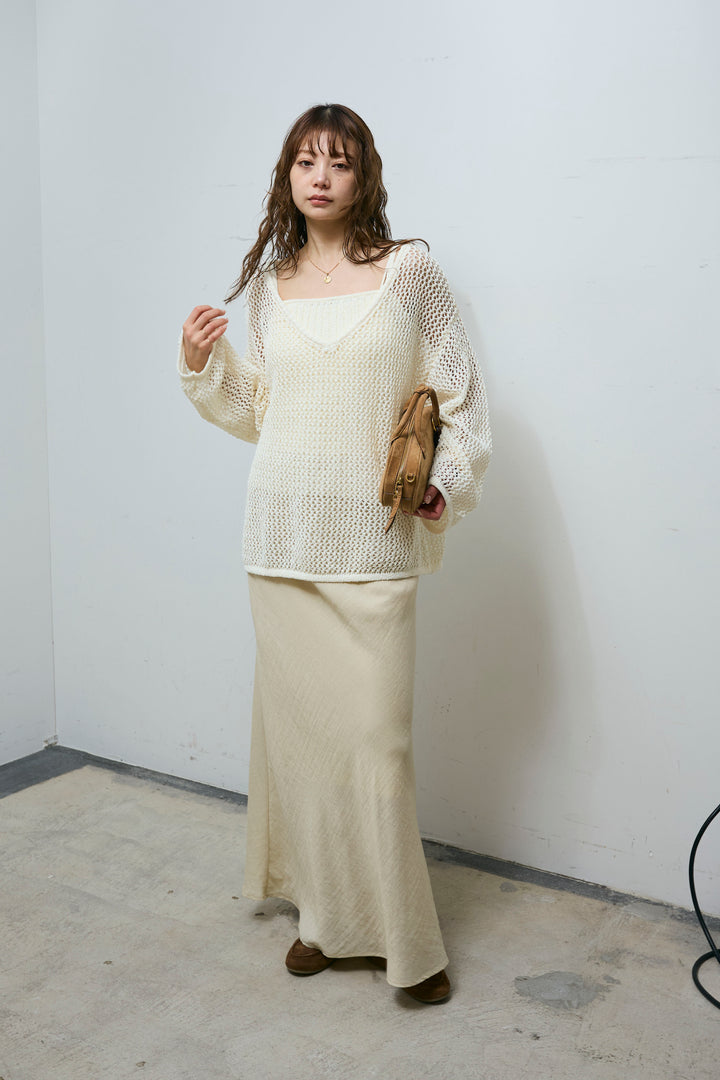 [予約/SET]メッシュ編みキャミセットVネックプルオーバー+リネンブレンドロングナロースカート(2set)