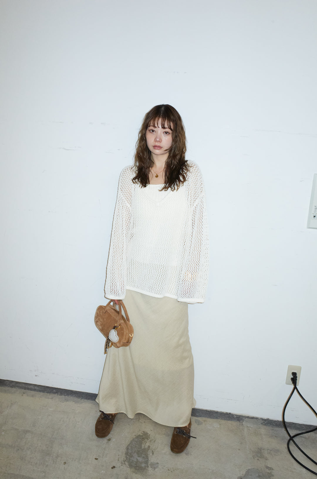 [予約/SET]メッシュ編みキャミセットVネックプルオーバー+リネンブレンドロングナロースカート(2set)