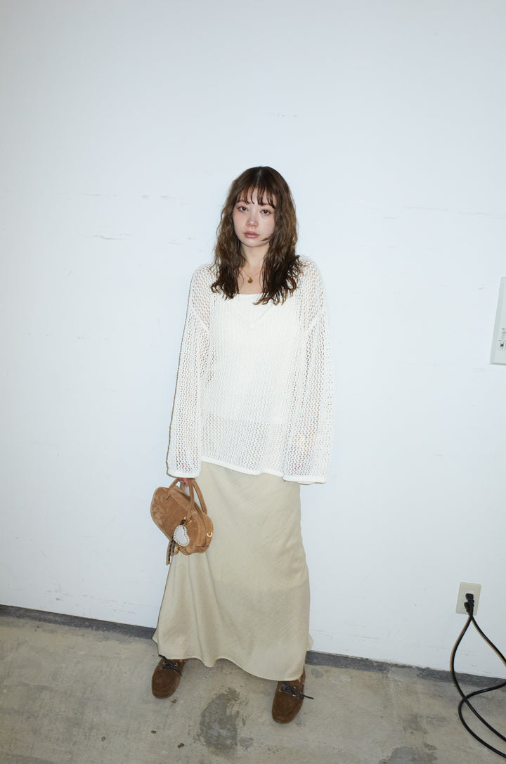 [予約/SET]メッシュ編みキャミセットVネックプルオーバー+リネンブレンドロングナロースカート(2set)