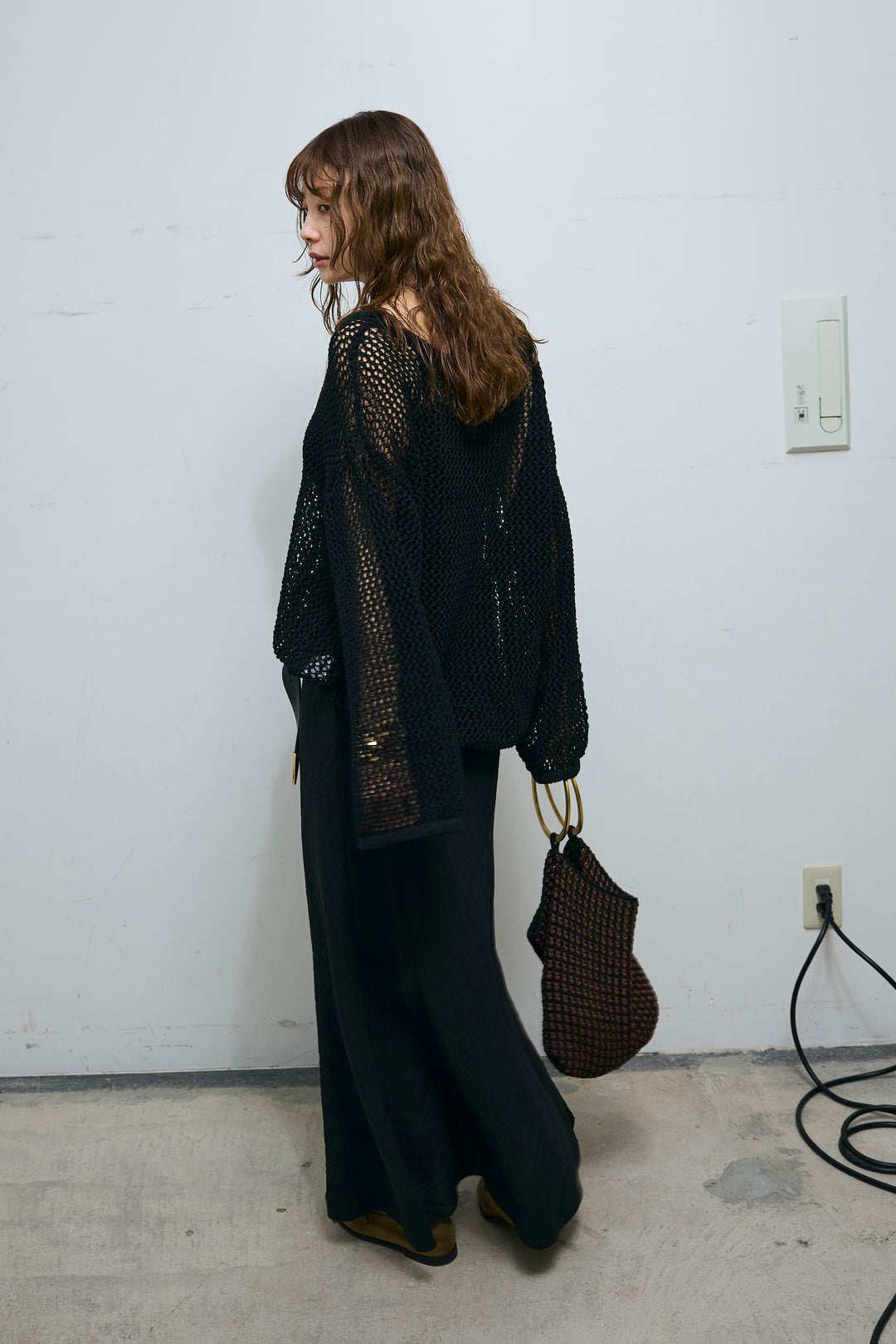 [予約/SET]メッシュ編みキャミセットVネックプルオーバー+リネンブレンドロングナロースカート(2set)