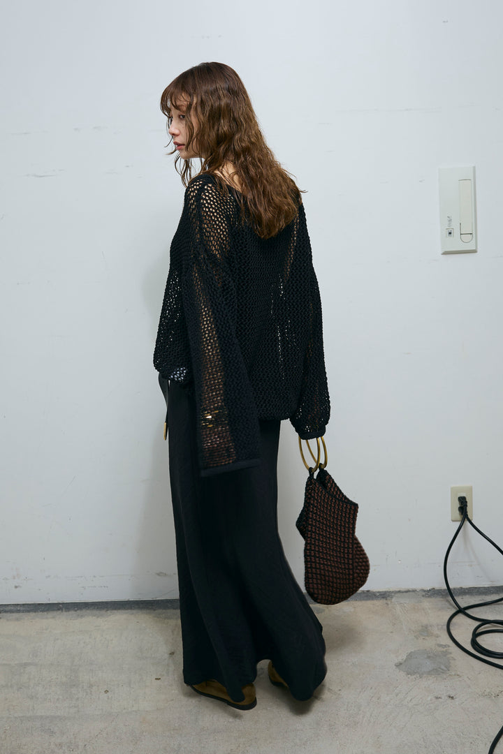 [予約/SET]メッシュ編みキャミセットVネックプルオーバー+リネンブレンドロングナロースカート(2set)