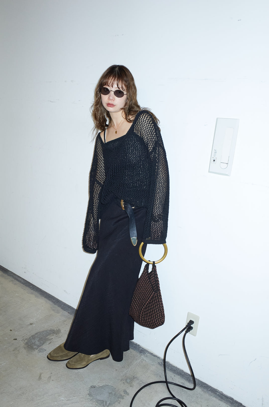 [予約/SET]メッシュ編みキャミセットVネックプルオーバー+リネンブレンドロングナロースカート(2set)