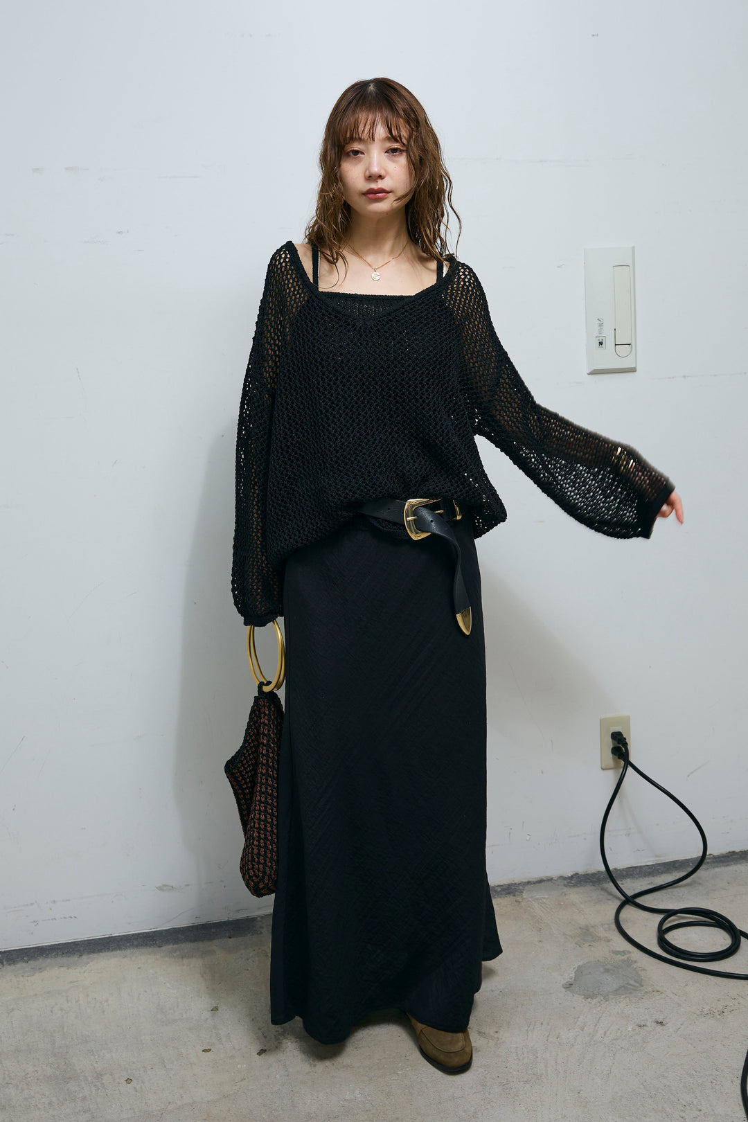 [予約/SET]メッシュ編みキャミセットVネックプルオーバー+リネンブレンドロングナロースカート(2set)