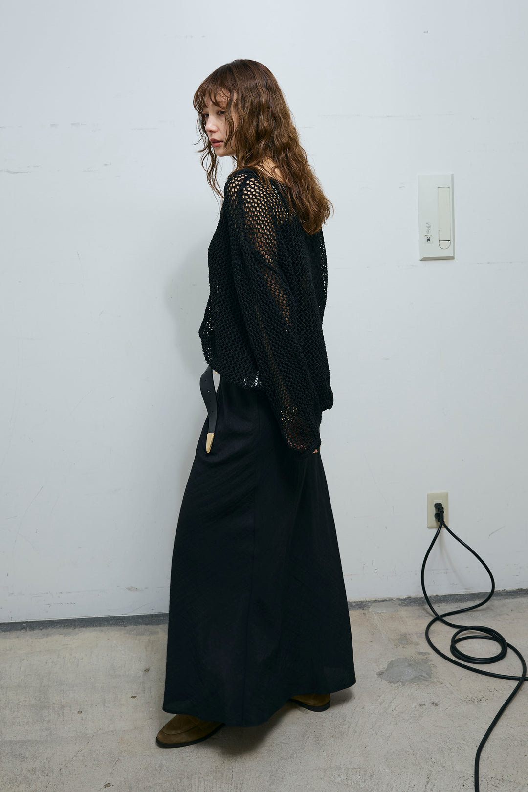 [予約/SET]メッシュ編みキャミセットVネックプルオーバー+リネンブレンドロングナロースカート(2set)