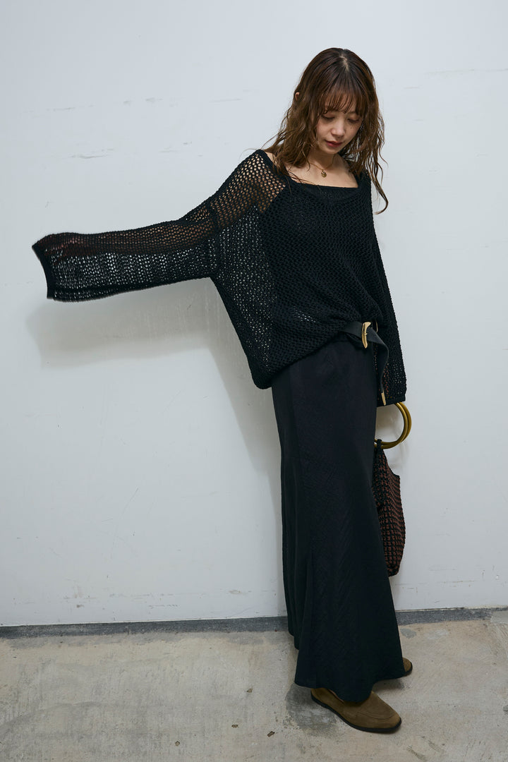 [予約/SET]メッシュ編みキャミセットVネックプルオーバー+リネンブレンドロングナロースカート(2set)