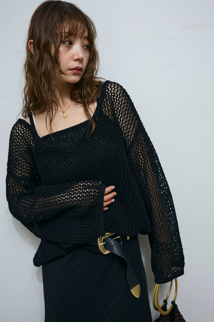 [予約/SET]メッシュ編みキャミセットVネックプルオーバー+リネンブレンドロングナロースカート(2set)