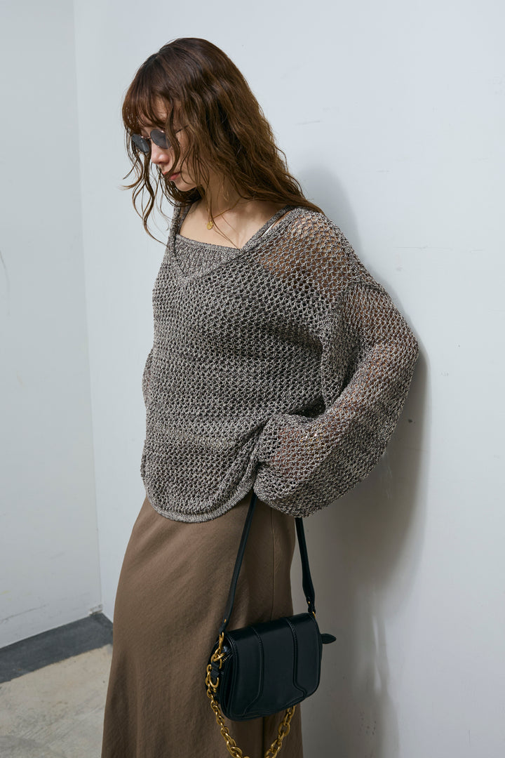 [予約/SET]メッシュ編みキャミセットVネックプルオーバー+リネンブレンドロングナロースカート(2set)