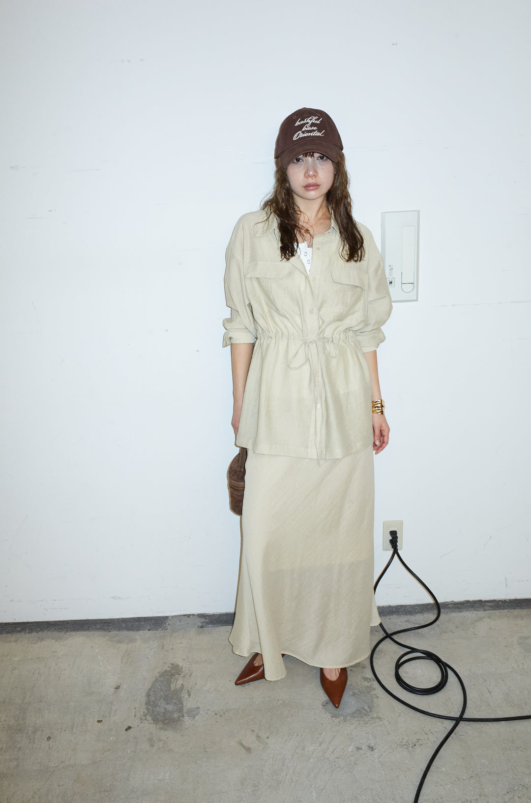 [予約/SET]リネンブレンドライトシアードロストシャツ+リネンブレンドロングナロースカート(2set)