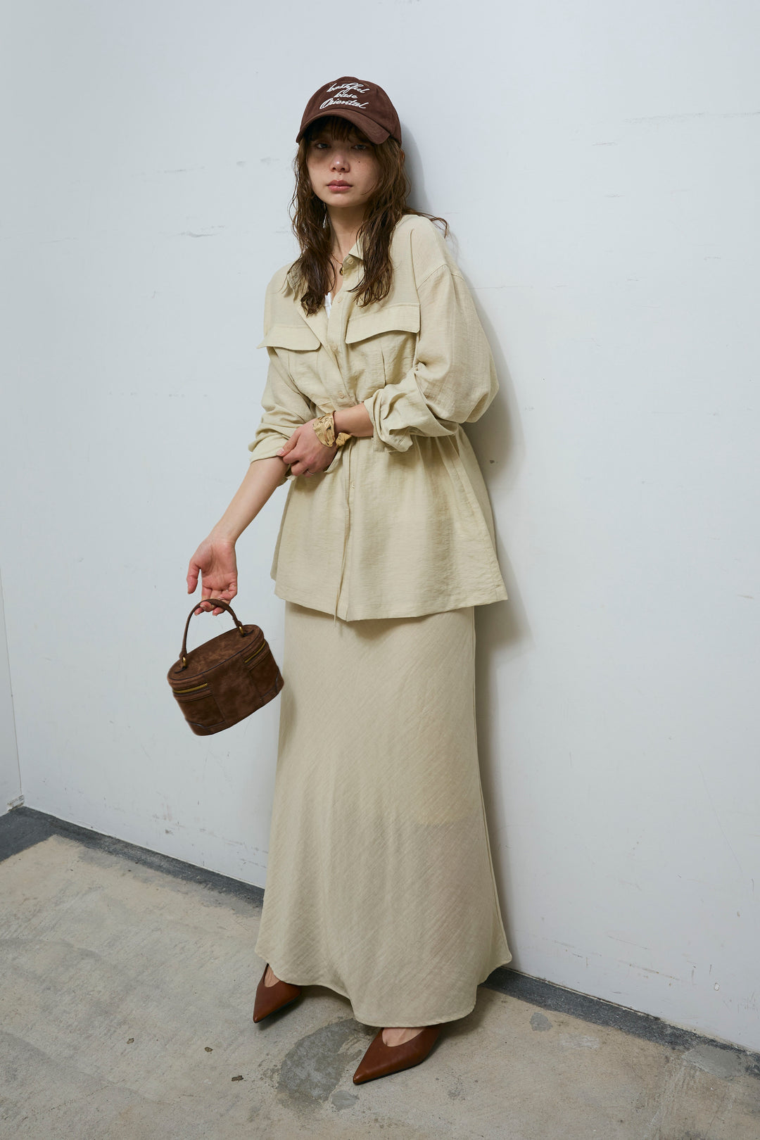 [予約/SET]リネンブレンドライトシアードロストシャツ+リネンブレンドロングナロースカート(2set)