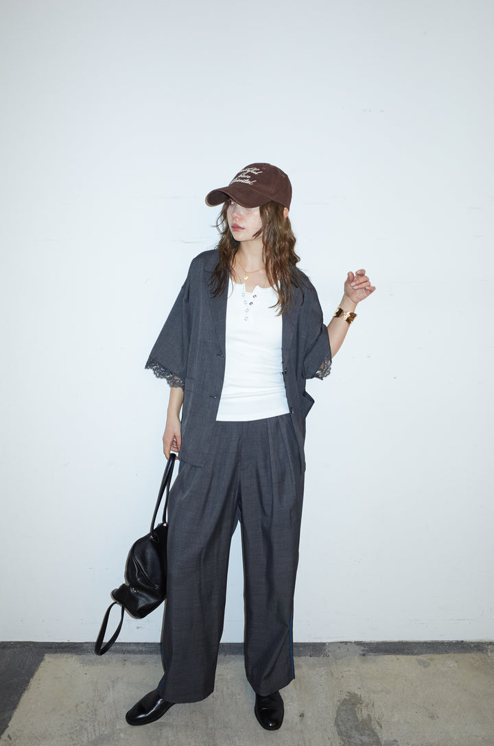 [予約/SET]袖レースハーフスリーブジャケット+サイド配色パンツ(2set)