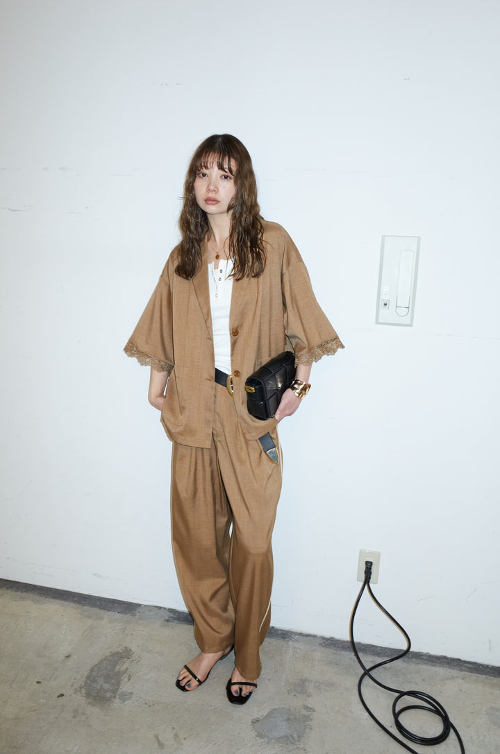 [予約/SET]袖レースハーフスリーブジャケット+サイド配色パンツ(2set)