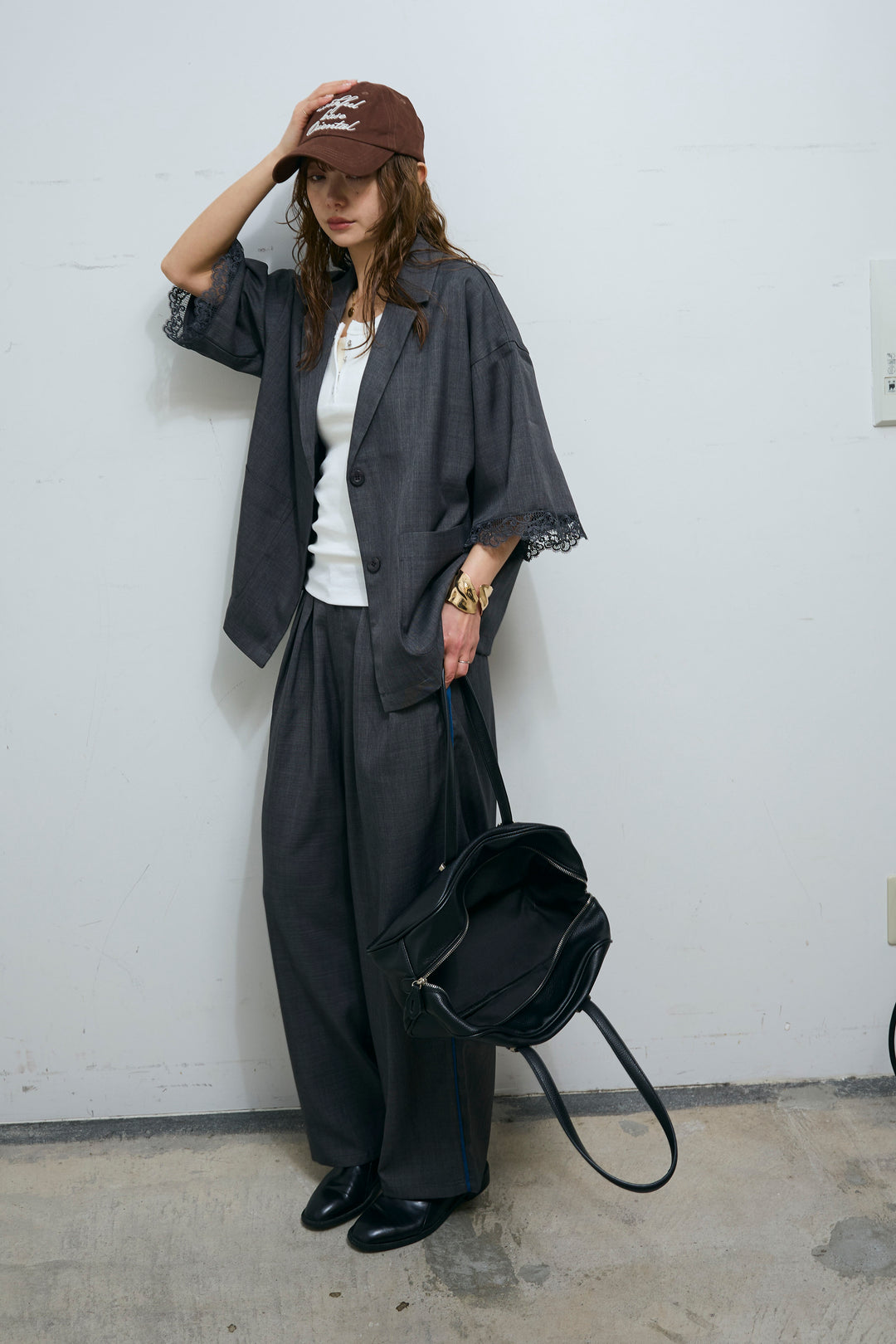 [予約/SET]袖レースハーフスリーブジャケット+サイド配色パンツ(2set)