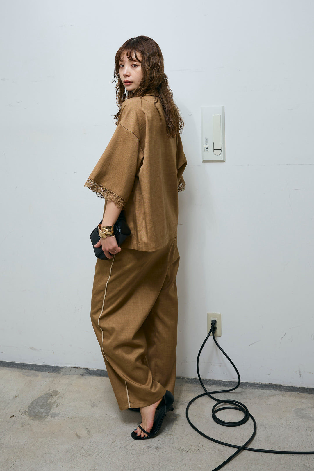 [予約/SET]袖レースハーフスリーブジャケット+サイド配色パンツ(2set)