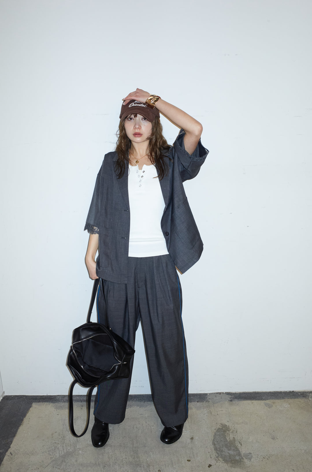 [予約/SET]袖レースハーフスリーブジャケット+サイド配色パンツ(2set)