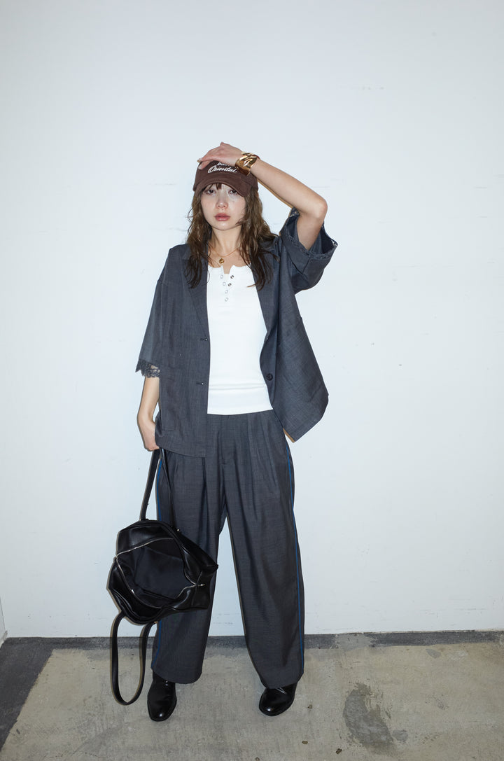 [予約/SET]袖レースハーフスリーブジャケット+サイド配色パンツ(2set)