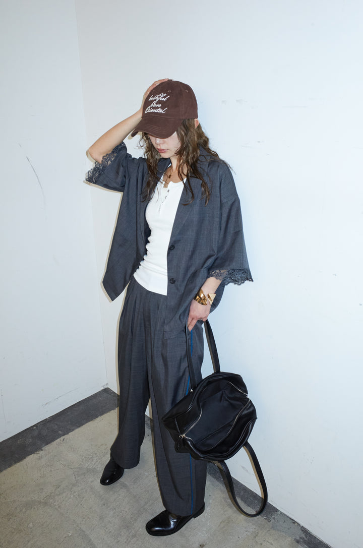 [予約/SET]袖レースハーフスリーブジャケット+サイド配色パンツ(2set)