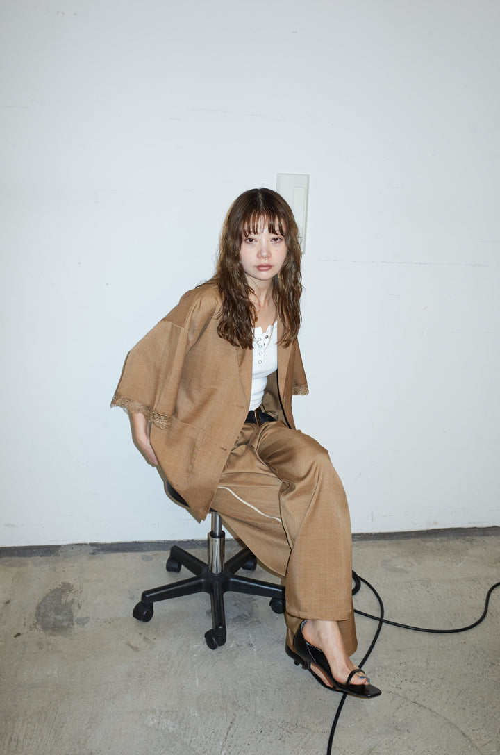 [予約/SET]袖レースハーフスリーブジャケット+サイド配色パンツ(2set)