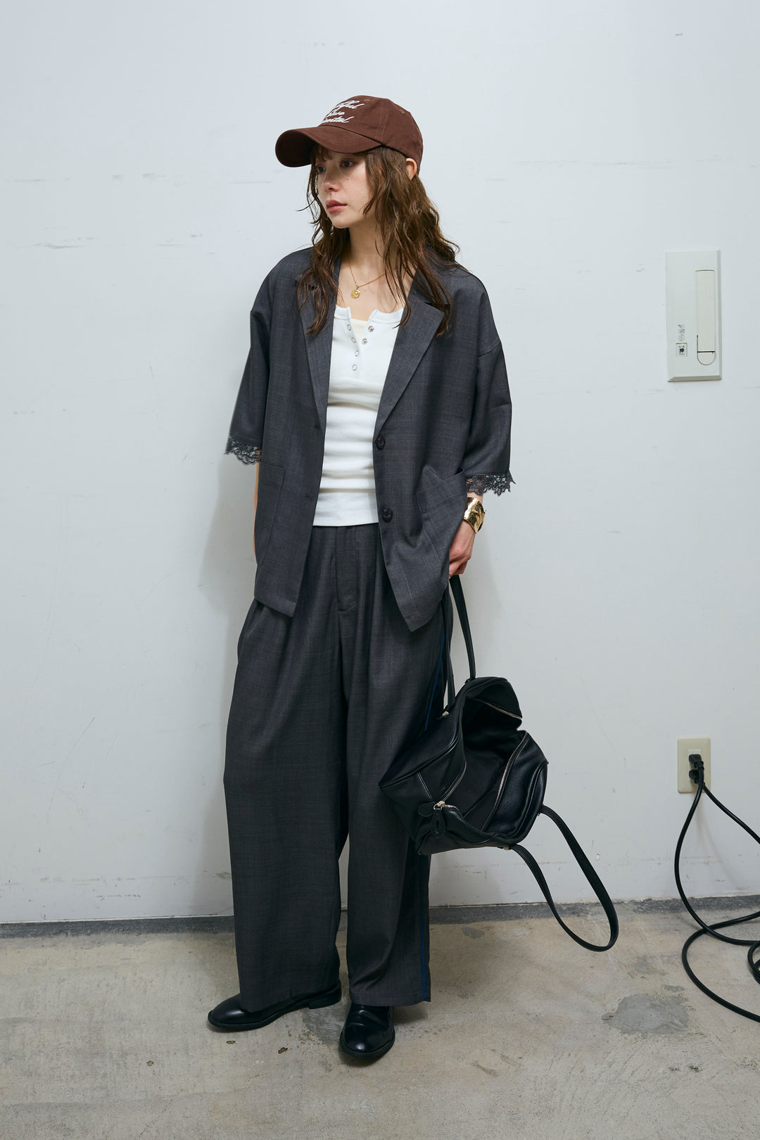 [予約/SET]袖レースハーフスリーブジャケット+サイド配色パンツ(2set)