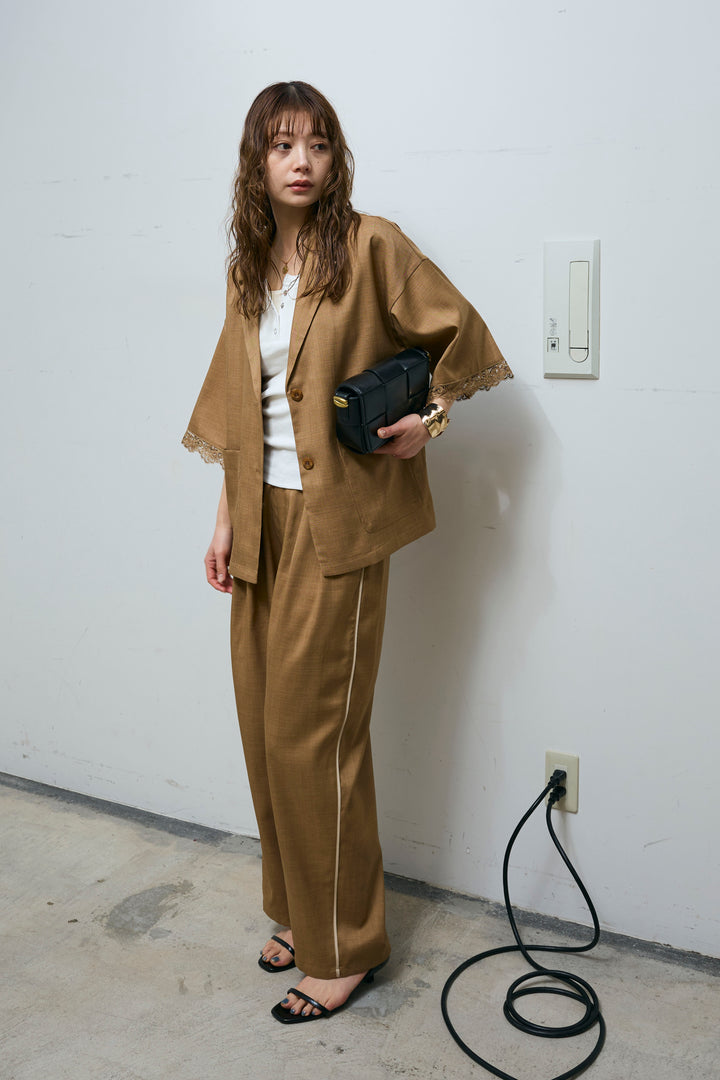 [予約/SET]袖レースハーフスリーブジャケット+サイド配色パンツ(2set)