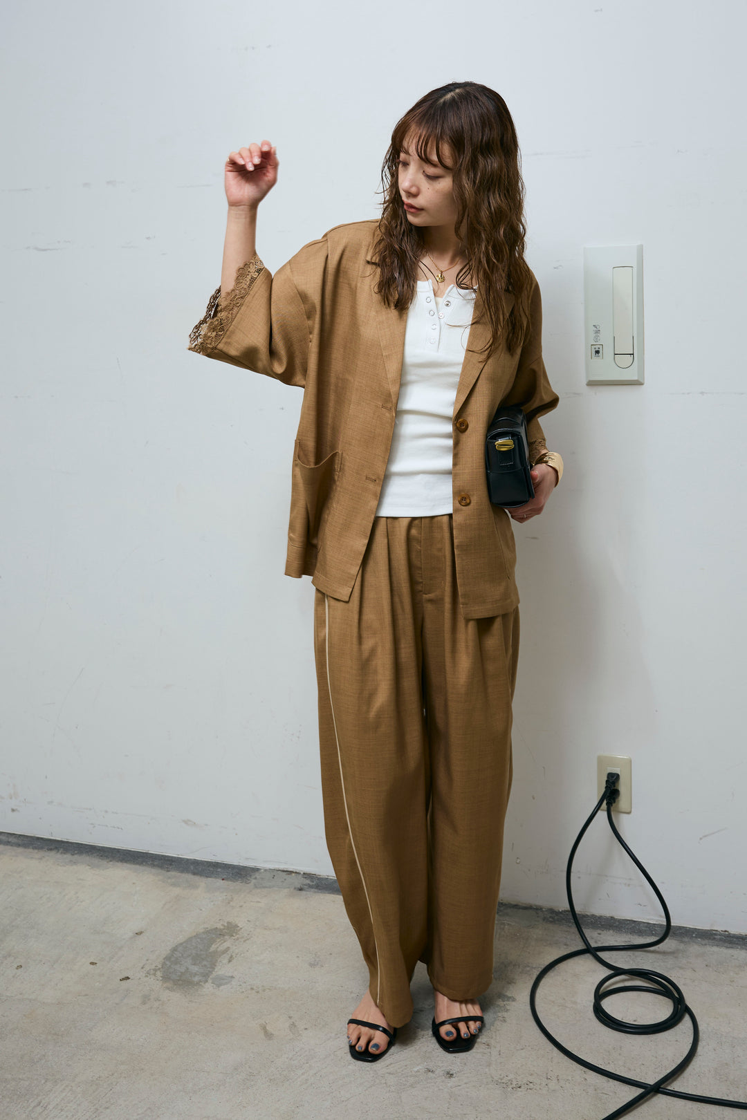 [予約/SET]袖レースハーフスリーブジャケット+サイド配色パンツ(2set)