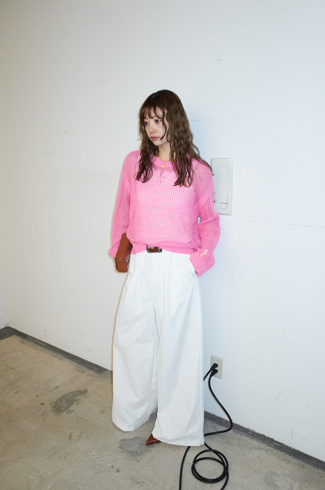 [予約/SET]メッシュニットプルオーバー+ハイウエストタックワイドパンツ(2set)