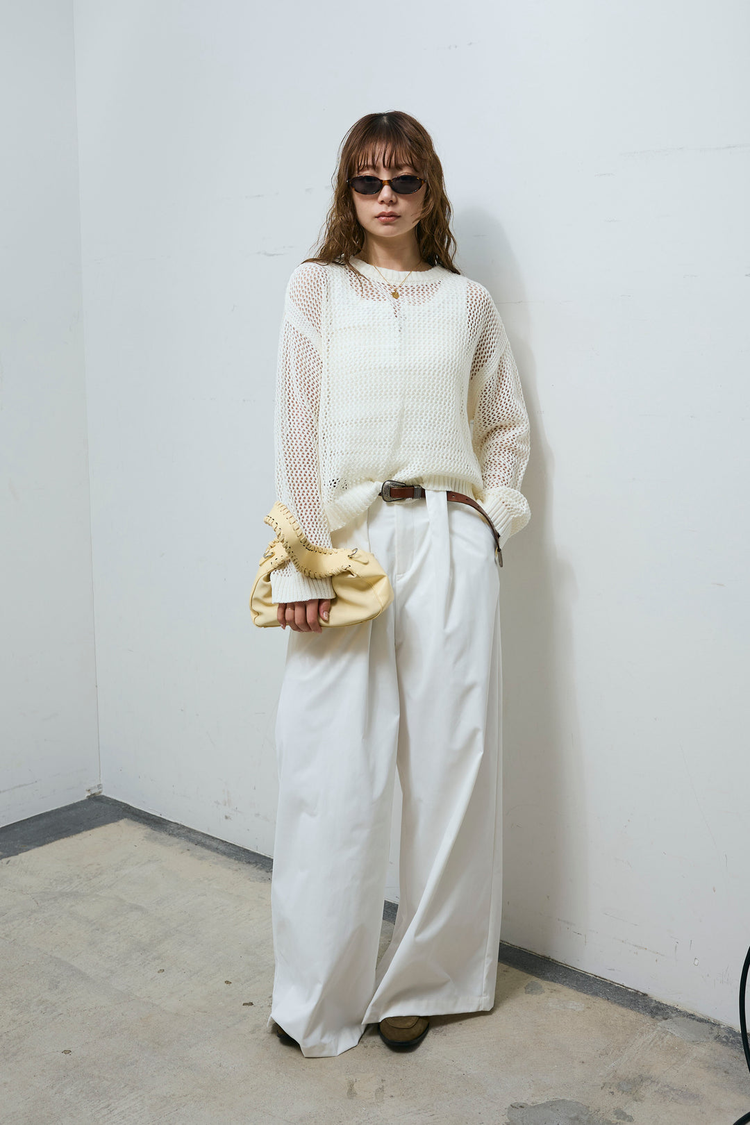 [予約/SET]メッシュニットプルオーバー+ハイウエストタックワイドパンツ(2set)