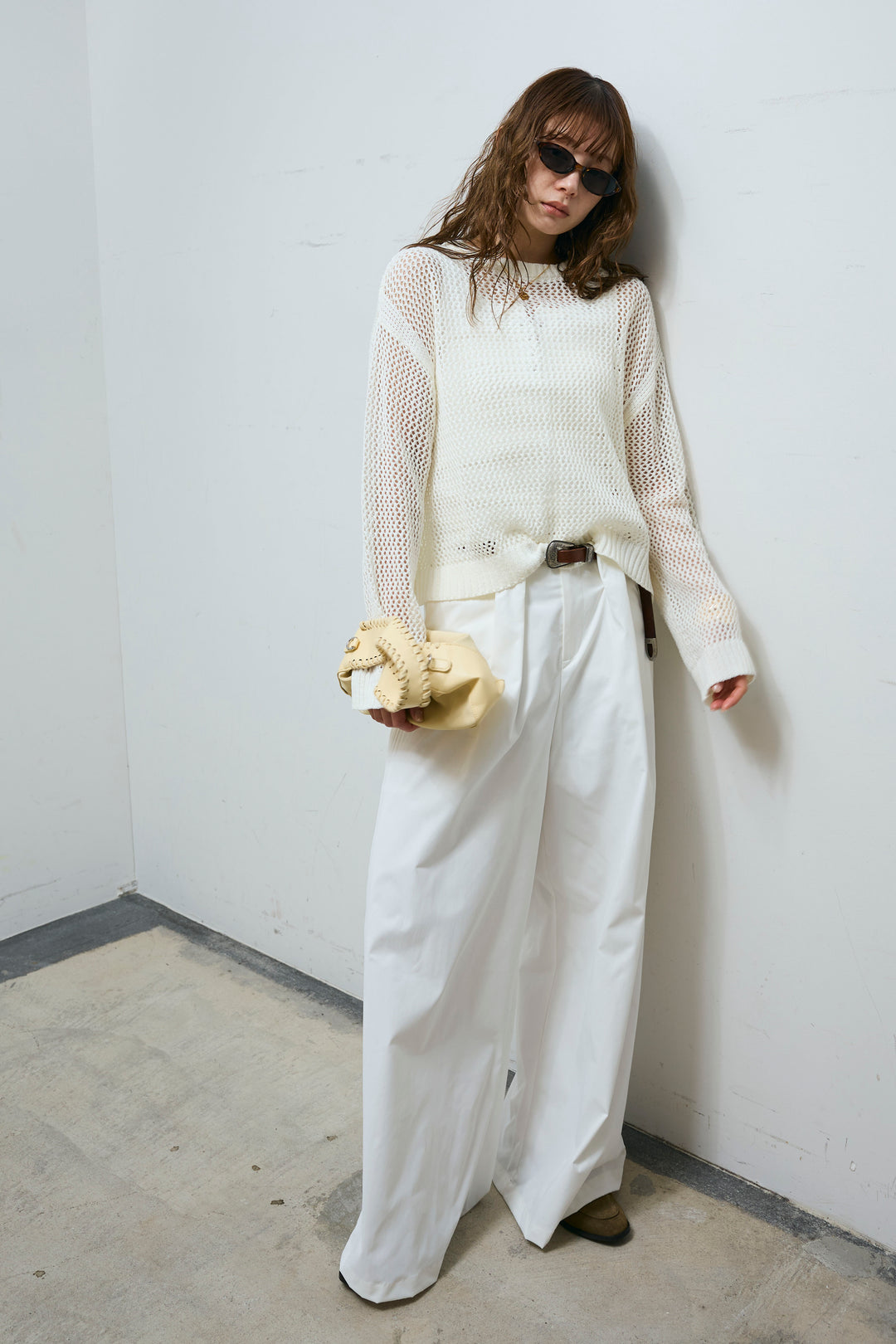 [予約/SET]メッシュニットプルオーバー+ハイウエストタックワイドパンツ(2set)