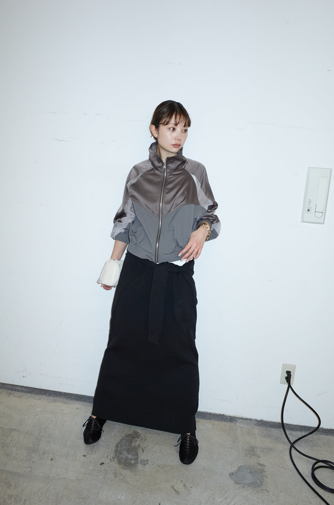 [予約/SET]シアー素材切替ZIPブルゾン+フェイクレイヤードニットスカート(2set)