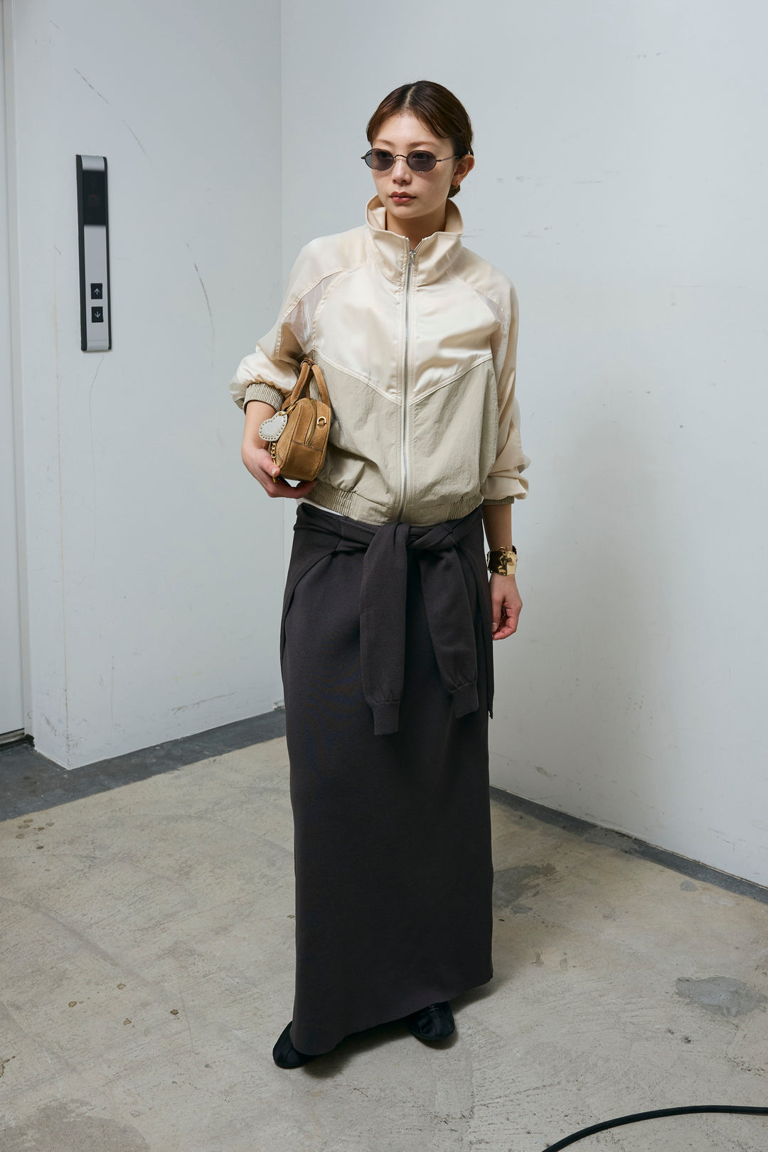 [予約/SET]シアー素材切替ZIPブルゾン+フェイクレイヤードニットスカート(2set)