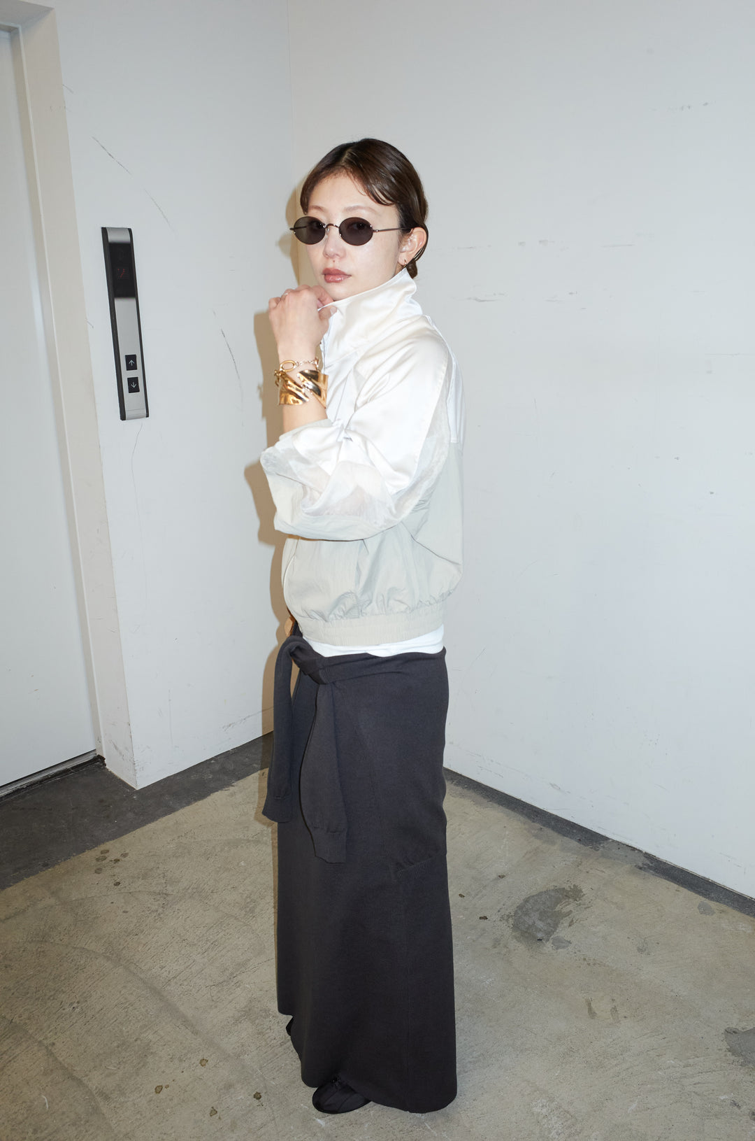 [予約/SET]シアー素材切替ZIPブルゾン+フェイクレイヤードニットスカート(2set)