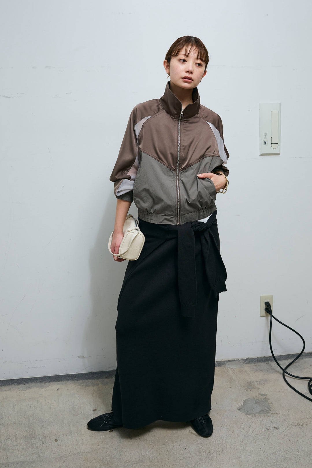 [予約/SET]シアー素材切替ZIPブルゾン+フェイクレイヤードニットスカート(2set)