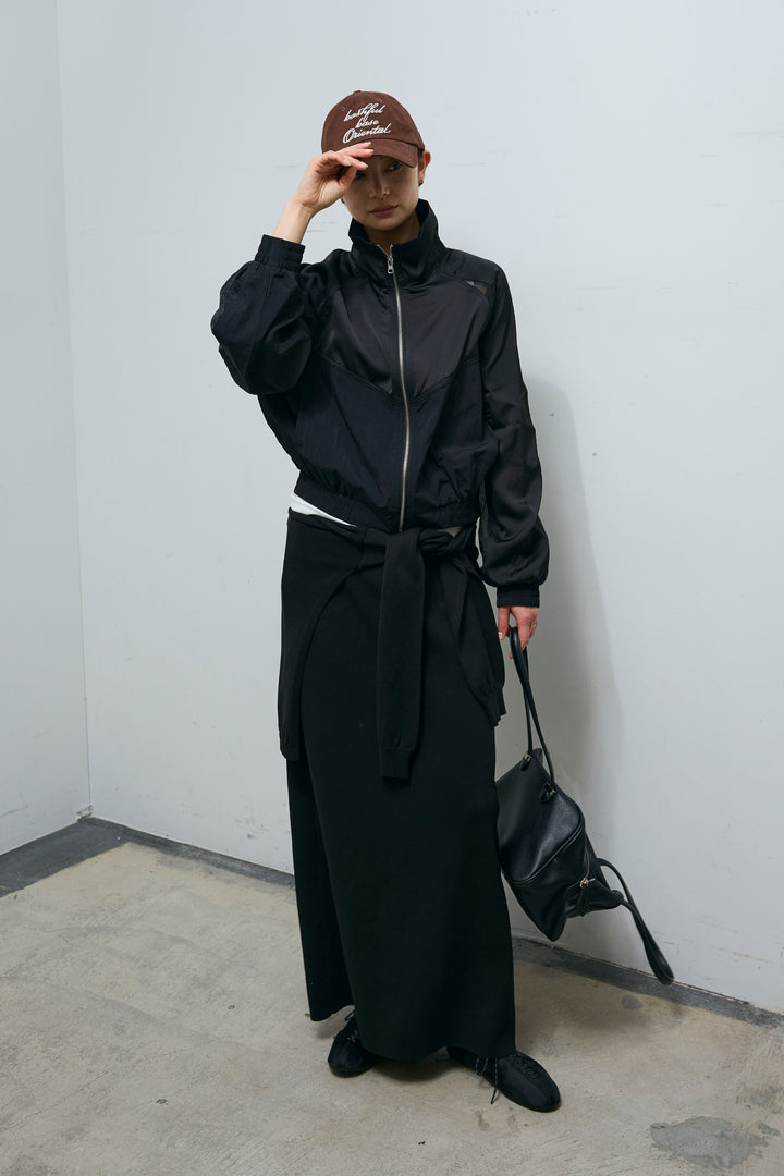 [予約/SET]シアー素材切替ZIPブルゾン+フェイクレイヤードニットスカート(2set)