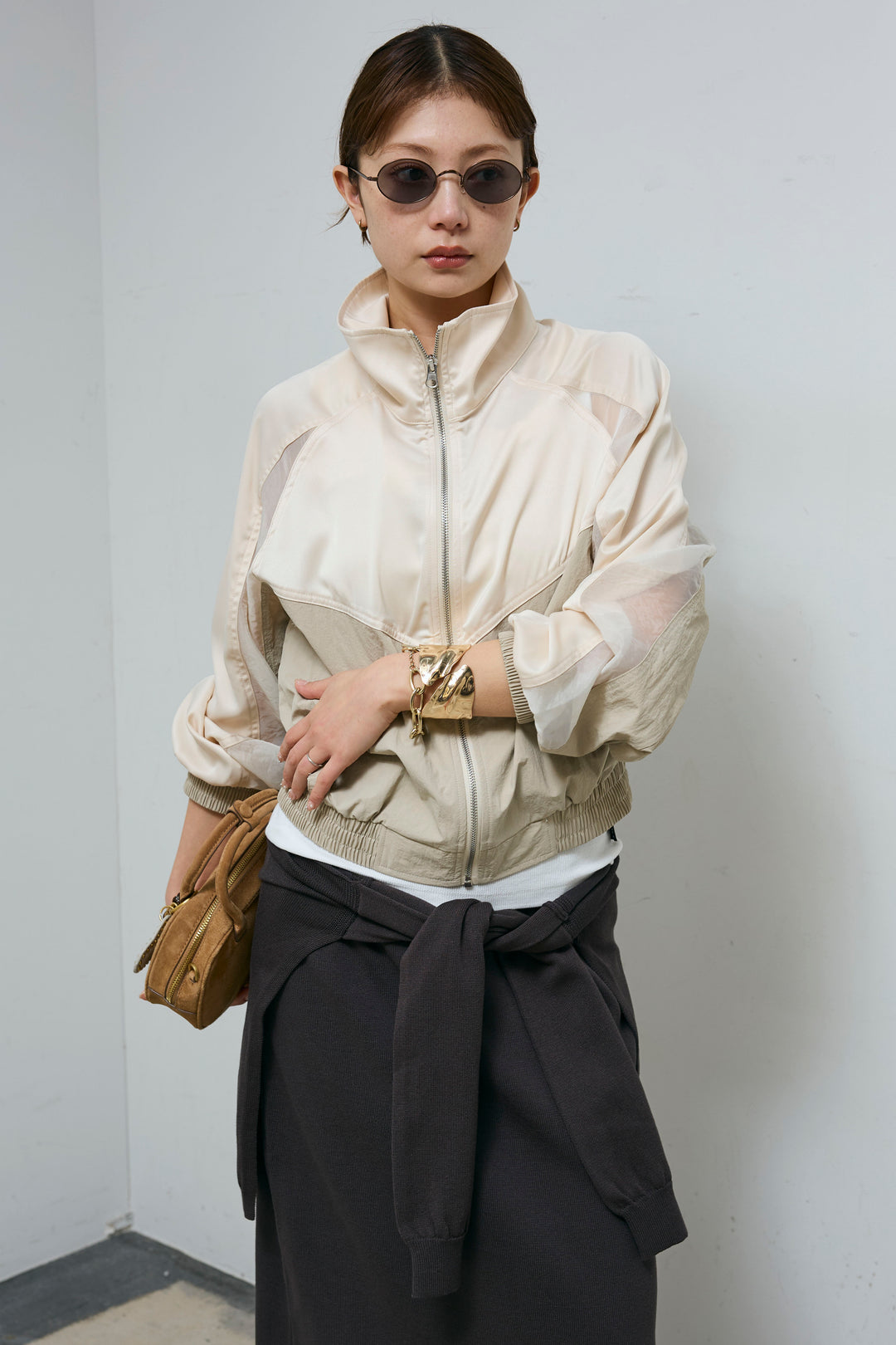 [予約/SET]シアー素材切替ZIPブルゾン+フェイクレイヤードニットスカート(2set)