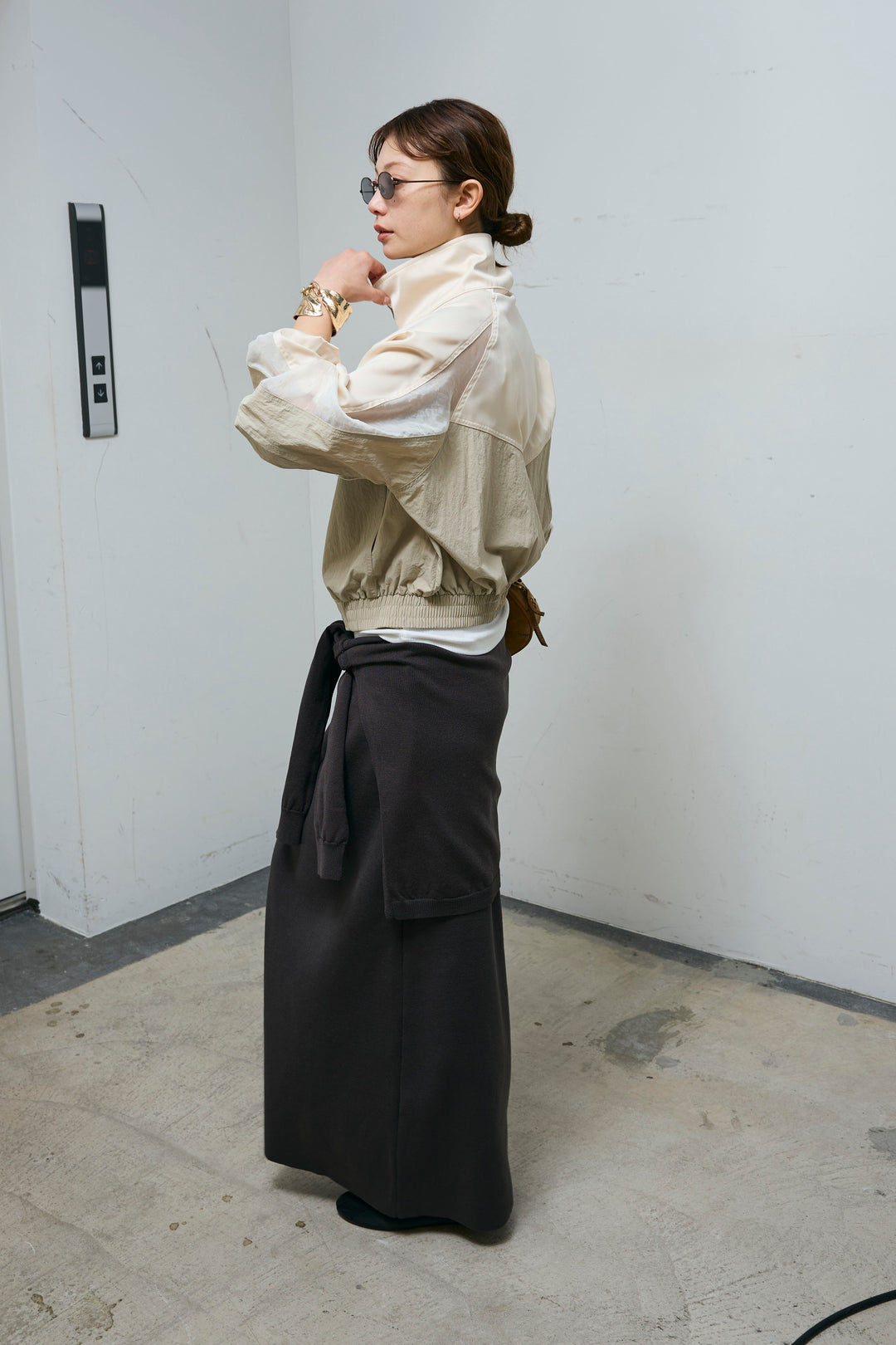 [予約/SET]シアー素材切替ZIPブルゾン+フェイクレイヤードニットスカート(2set)