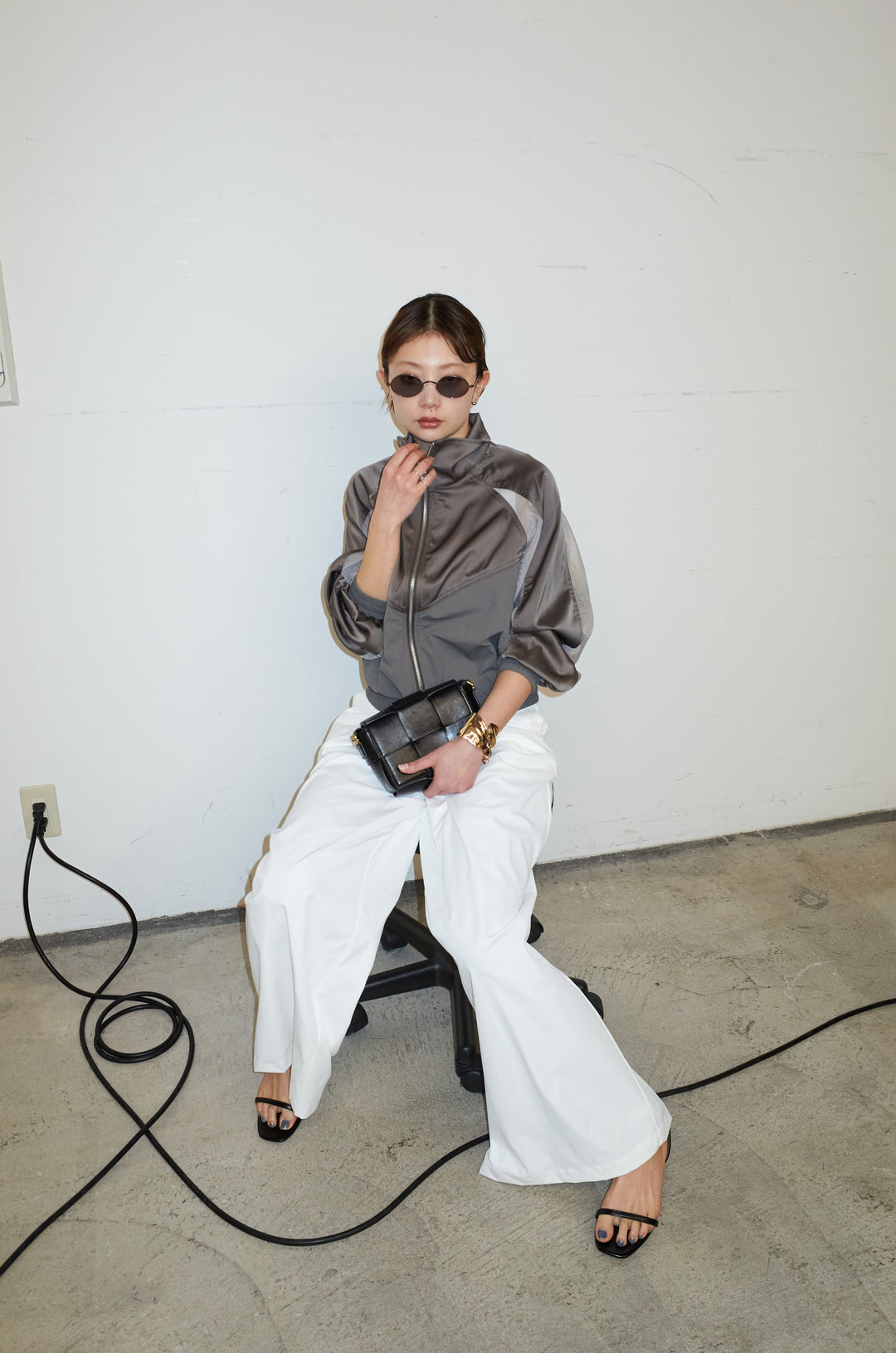 [予約/SET]シアー素材切替ZIPブルゾン+ハイウエストタックワイドパンツ(2set)