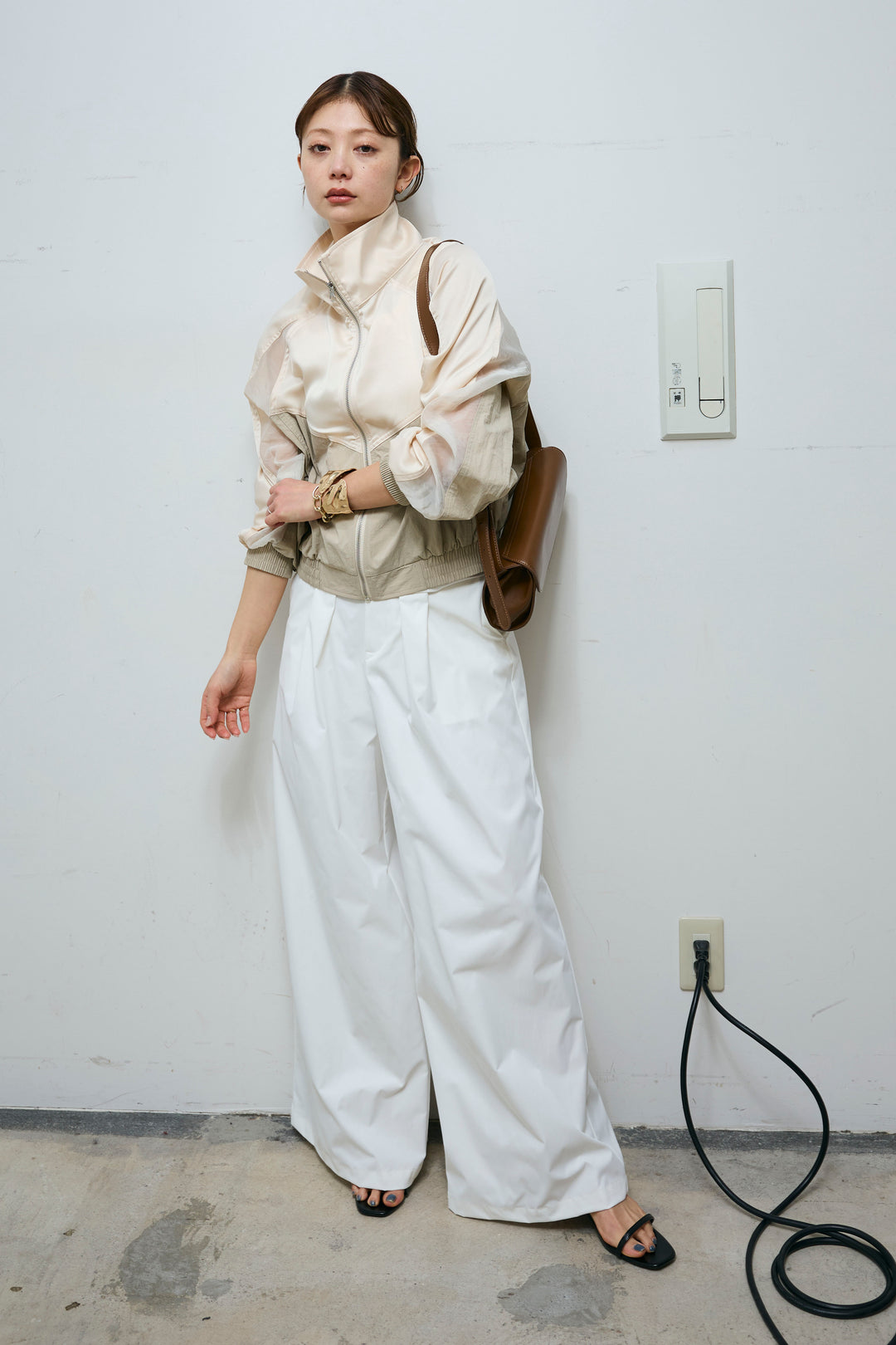 [予約/SET]シアー素材切替ZIPブルゾン+ハイウエストタックワイドパンツ(2set)