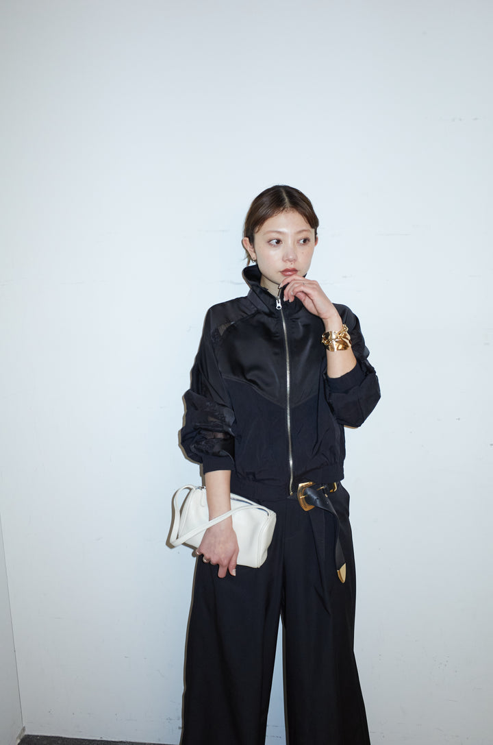[予約/SET]シアー素材切替ZIPブルゾン+ハイウエストタックワイドパンツ(2set)