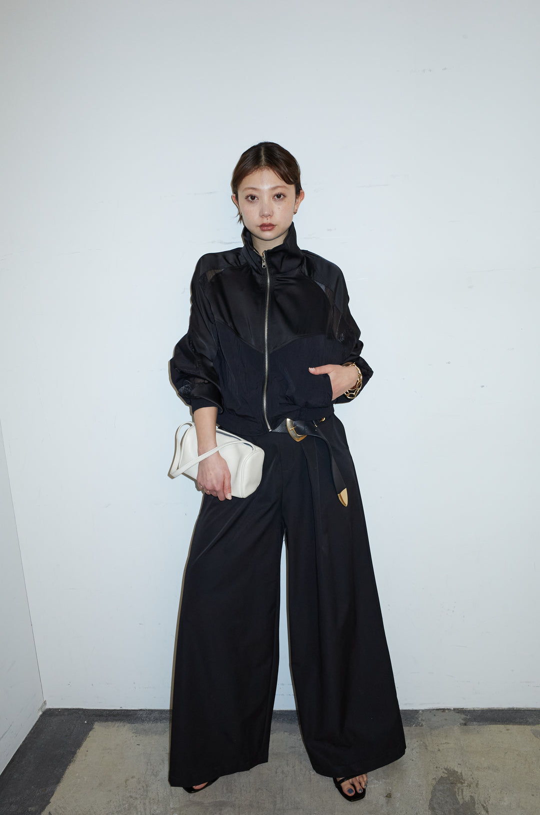 [予約/SET]シアー素材切替ZIPブルゾン+ハイウエストタックワイドパンツ(2set)