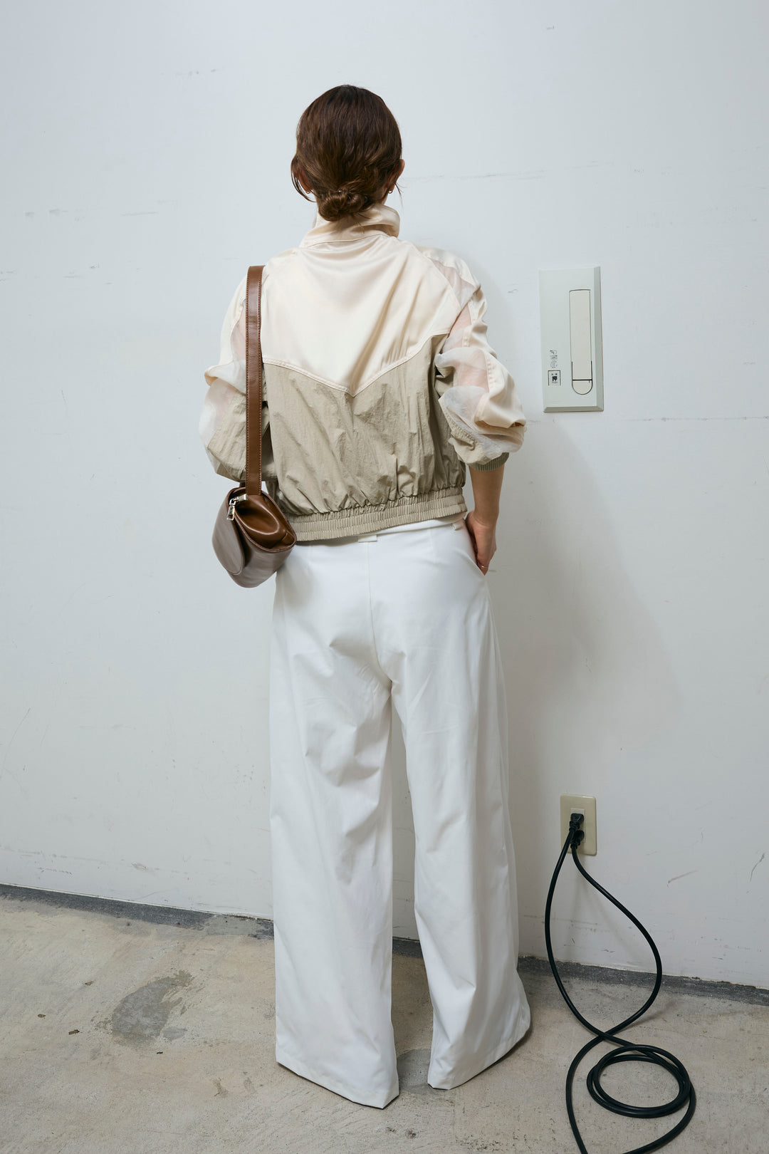 [予約/SET]シアー素材切替ZIPブルゾン+ハイウエストタックワイドパンツ(2set)