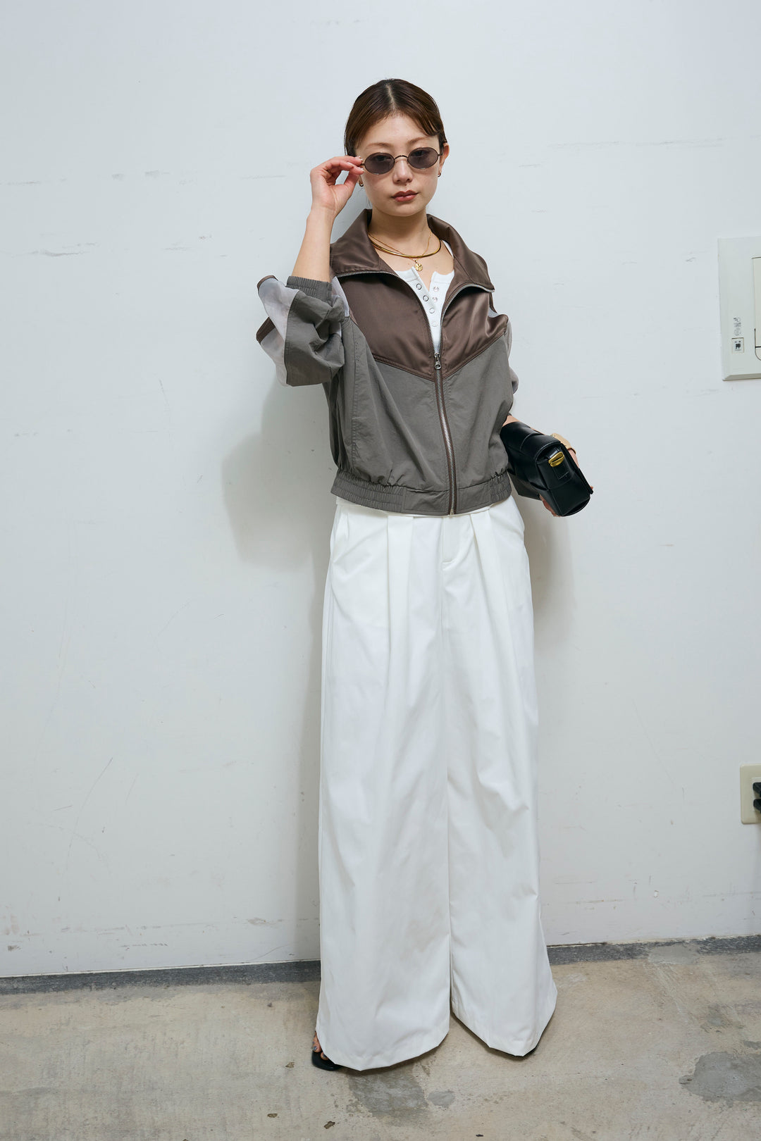 [予約/SET]シアー素材切替ZIPブルゾン+ハイウエストタックワイドパンツ(2set)