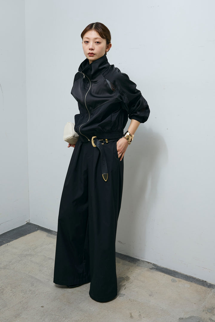 [予約/SET]シアー素材切替ZIPブルゾン+ハイウエストタックワイドパンツ(2set)