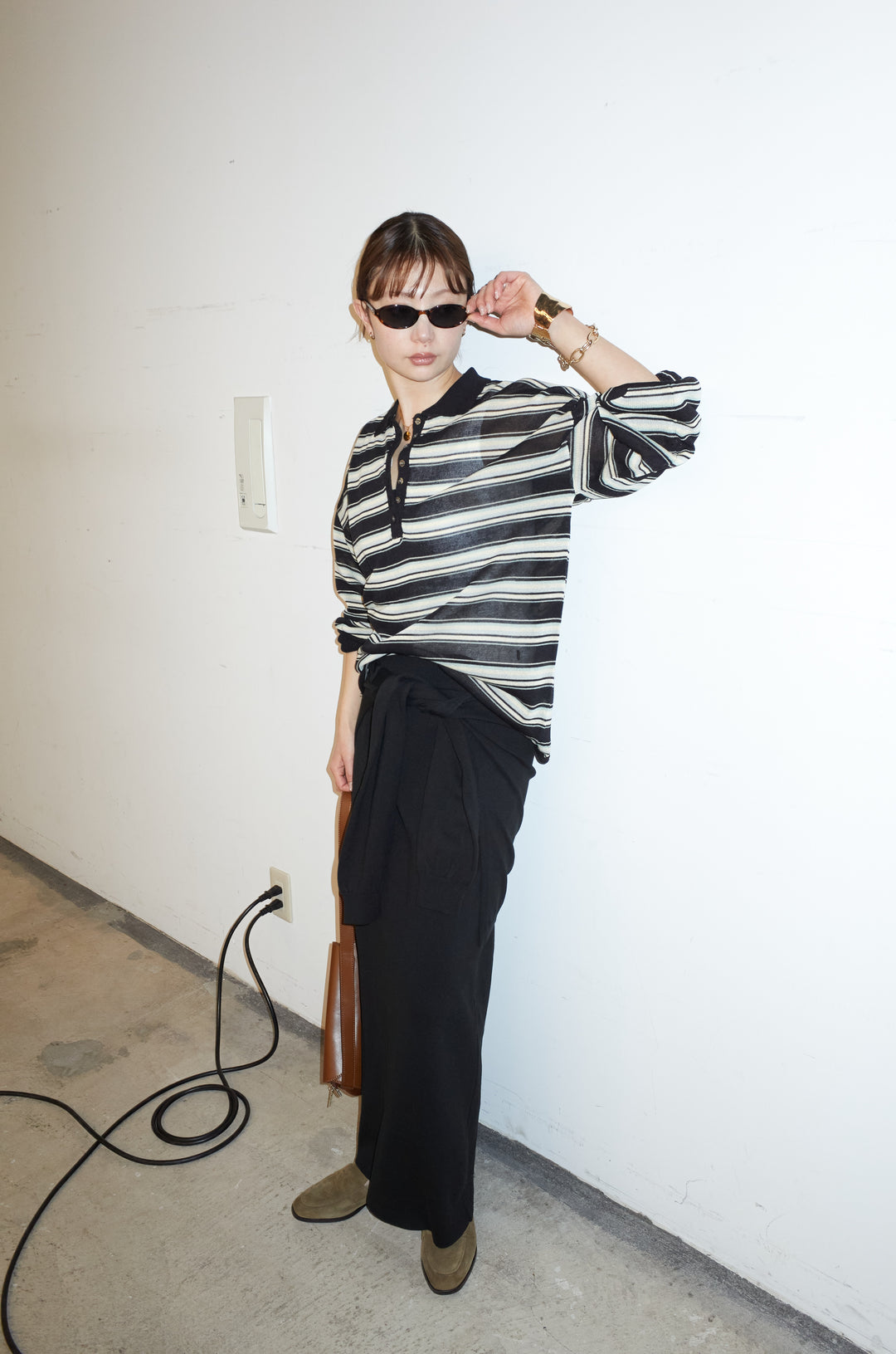 [予約/SET]ボーダーシアーポロプルオーバー+フェイクレイヤードニットスカート(2set)