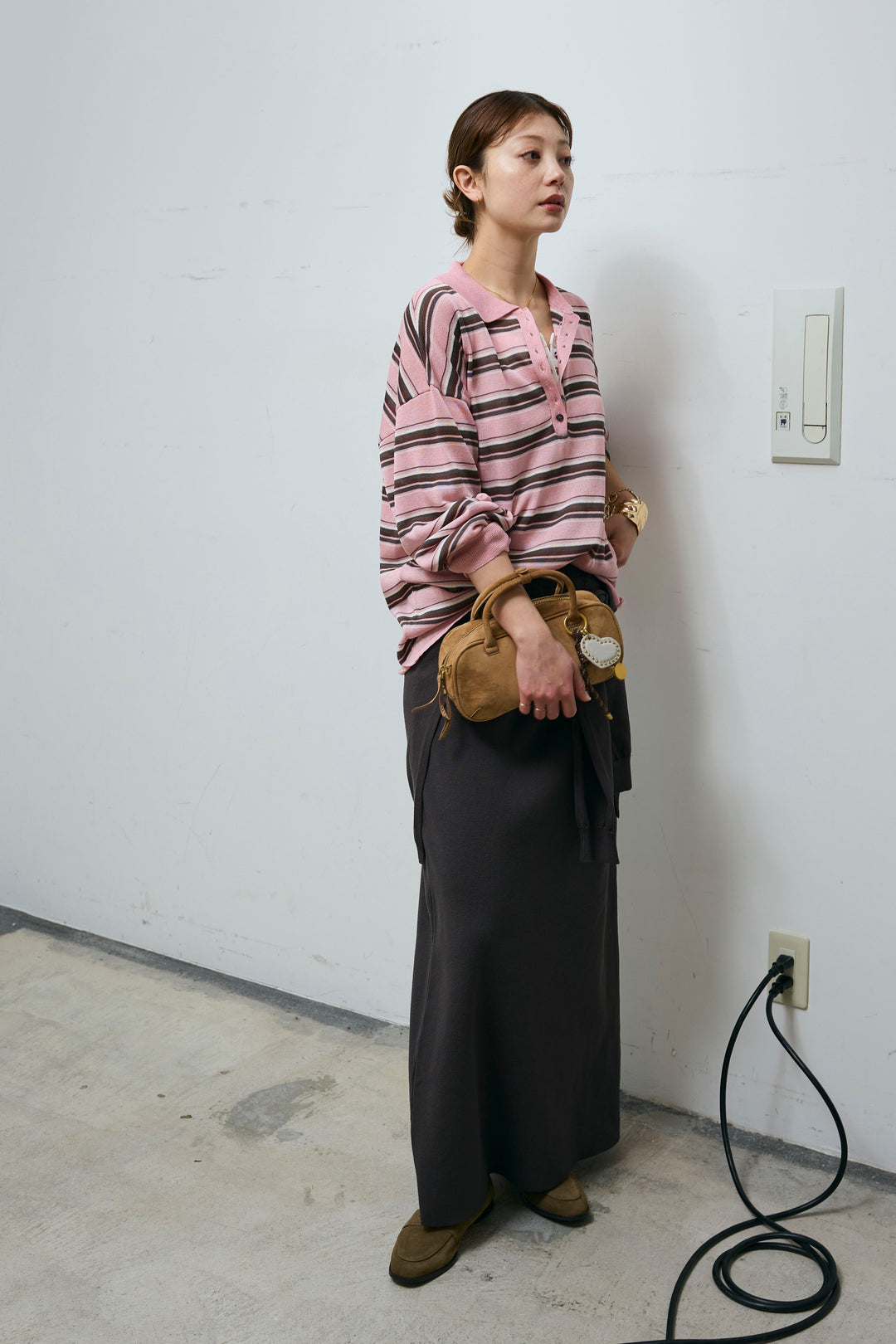 [予約/SET]ボーダーシアーポロプルオーバー+フェイクレイヤードニットスカート(2set)