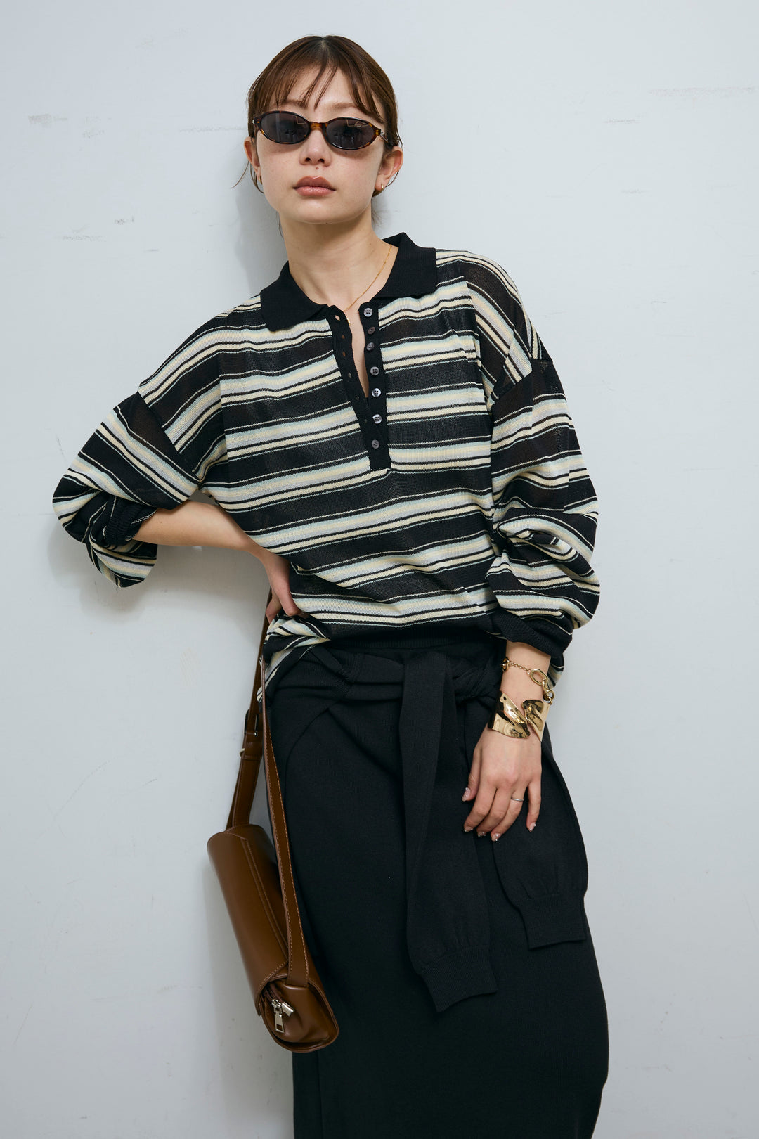 [予約/SET]ボーダーシアーポロプルオーバー+フェイクレイヤードニットスカート(2set)