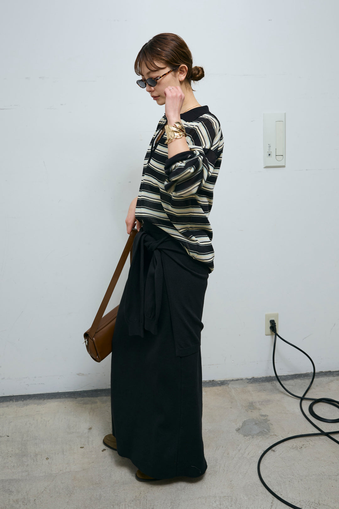 [予約/SET]ボーダーシアーポロプルオーバー+フェイクレイヤードニットスカート(2set)