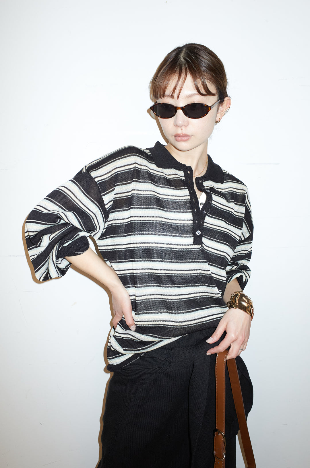 [予約/SET]ボーダーシアーポロプルオーバー+フェイクレイヤードニットスカート(2set)